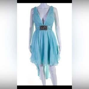 Sherri Hill Blue Pleated Embellished High Low Cocktail Prom Pageant Homecoming